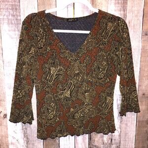Jaipur Vintage Top Med  Brown Paisley Print Top 3/4 Sleeve